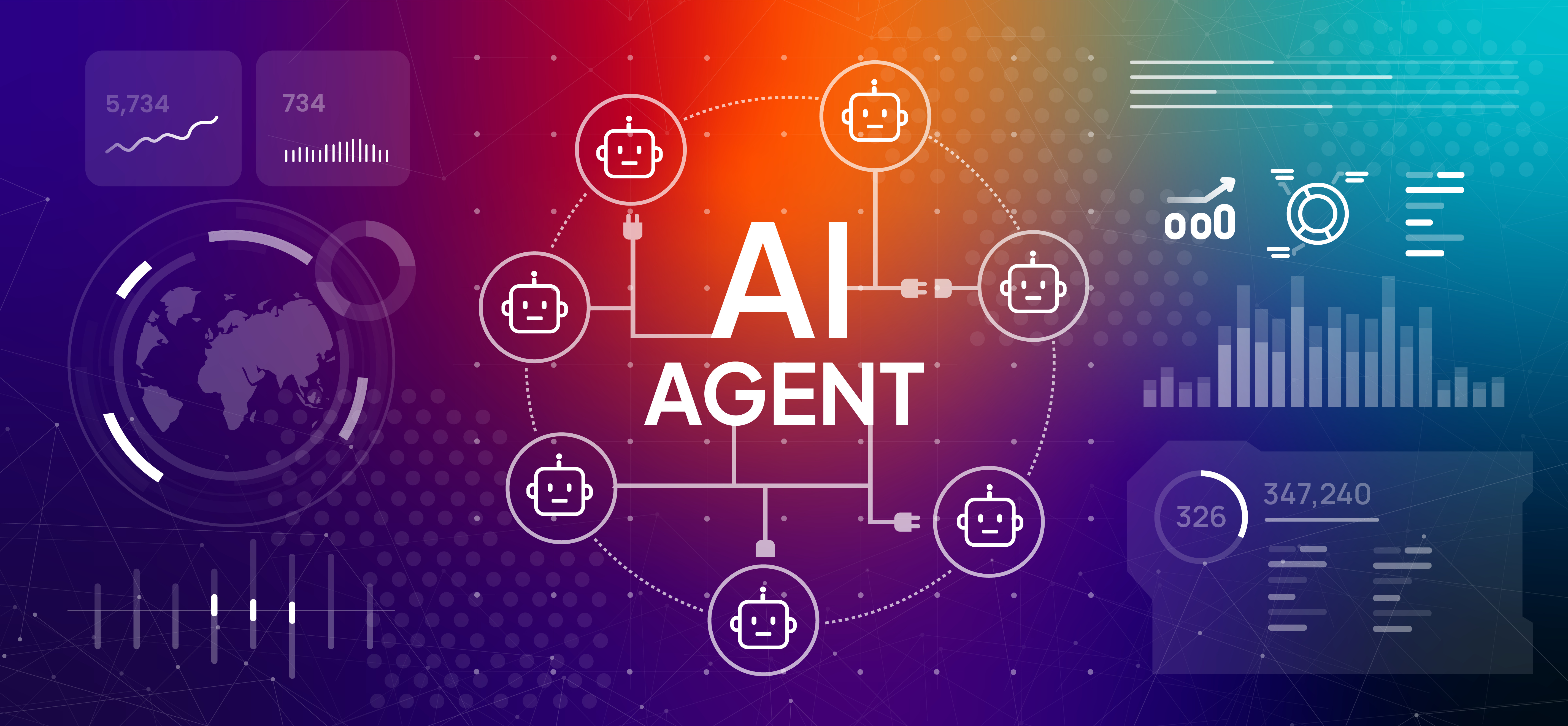Illustration of an agentic mesh — interconnected specialist AI worker nodes coordinating on a shared enterprise fabric.