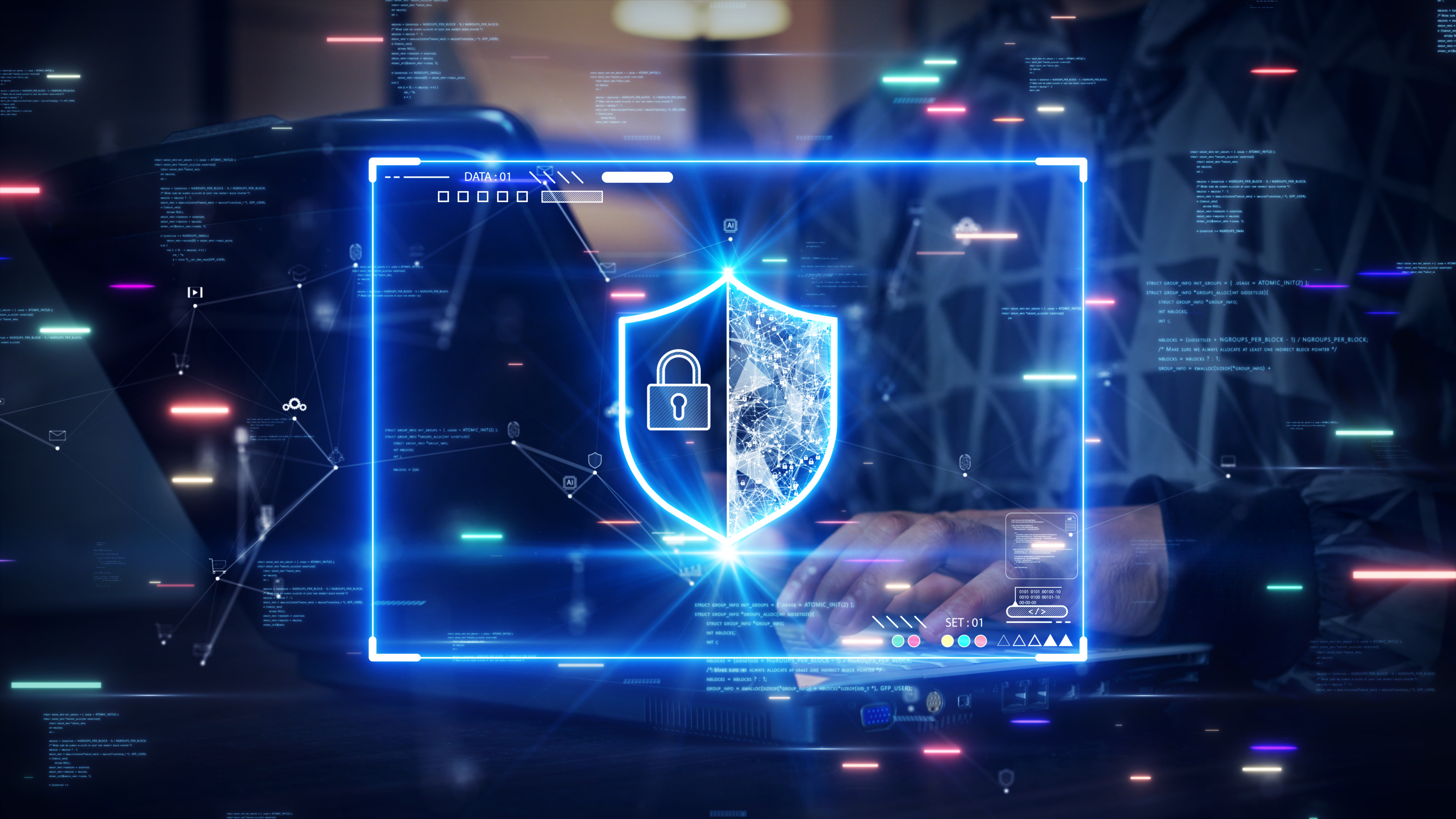 Abstract governance and security visualization — layered controls and monitoring signals over an AI agent fleet.