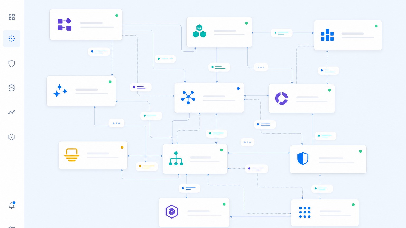 Multi-agent control plane: specialist agent cards connected in a mesh, exchanging messages.