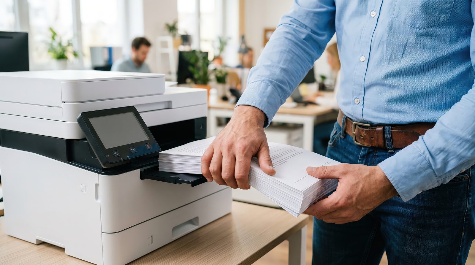 Stack of documents being loaded into an office scanner, representing intelligent document extraction.