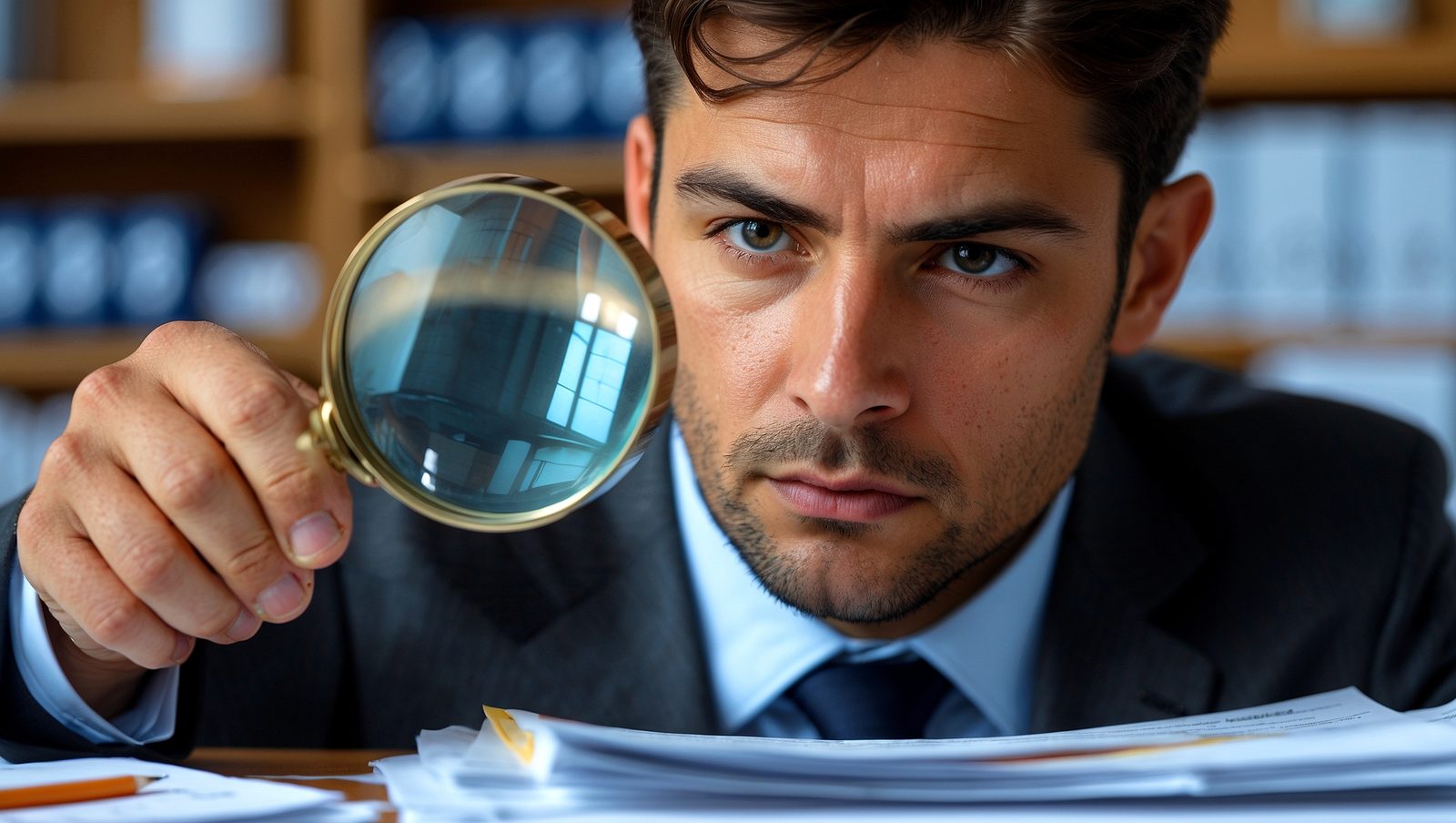 Auditor examining paperwork with a magnifying glass, representing fraud, waste, and abuse investigation.