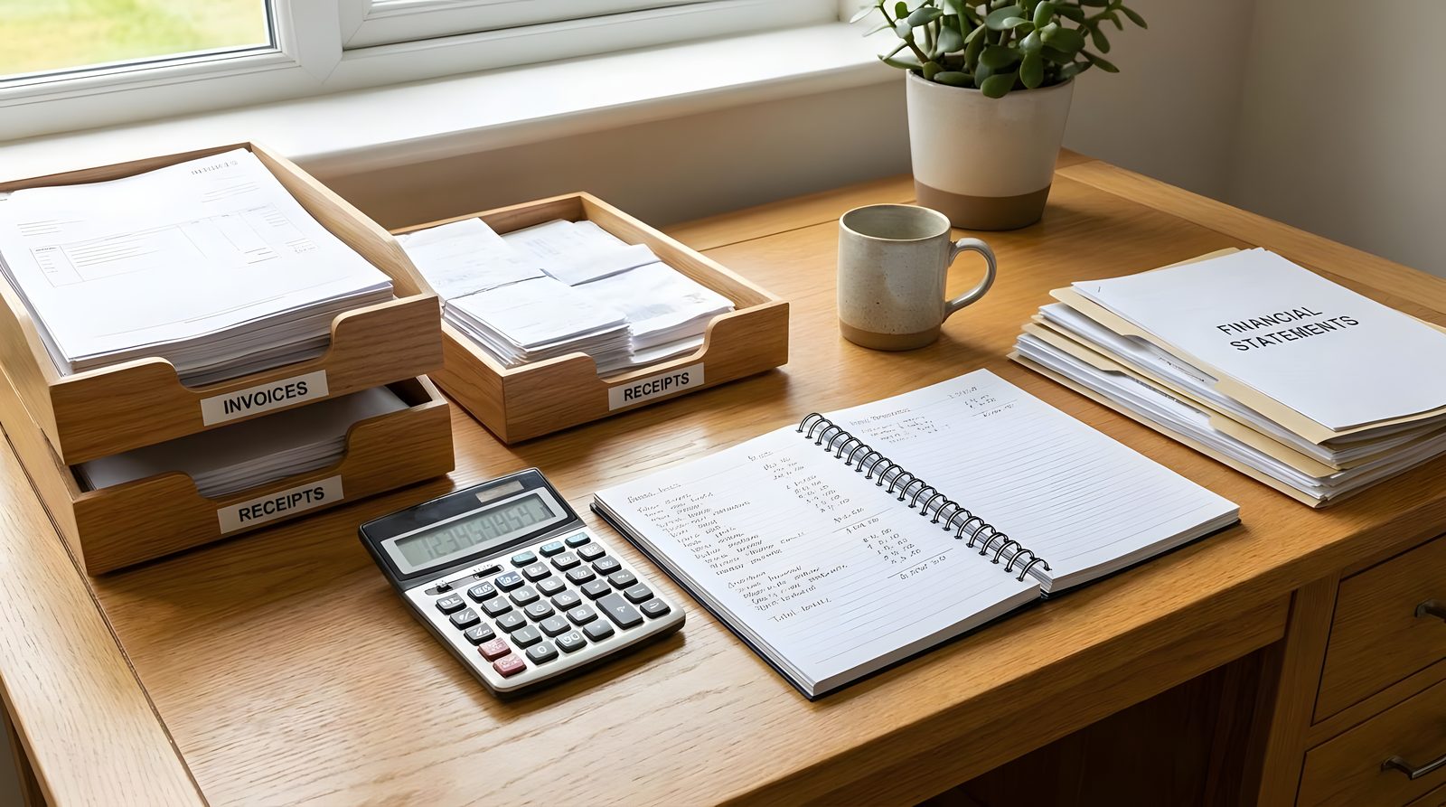 Organized desk with invoice and receipt trays, representing automated invoice reconciliation.