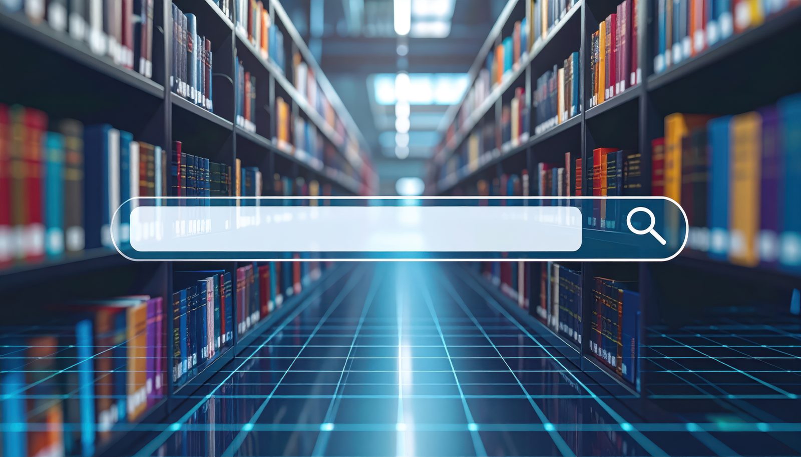 Library aisle with a digital search bar, representing enterprise knowledge retrieval.