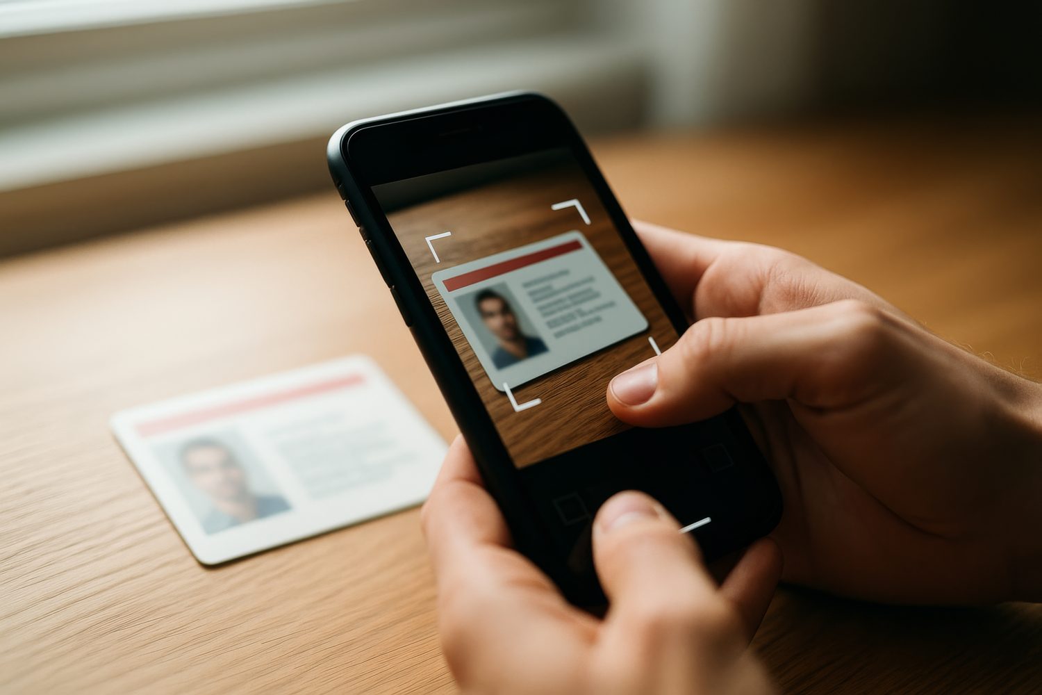 Smartphone scanning a photo ID, representing KYC and perpetual identity verification.