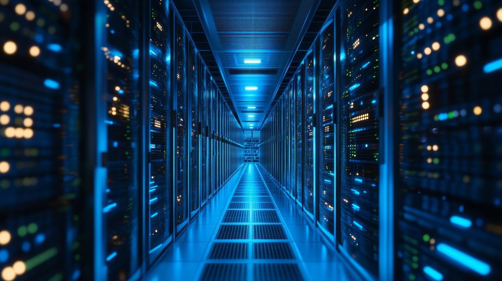 Secure data center corridor with blue-lit server racks, representing sovereign on-premise AI infrastructure.