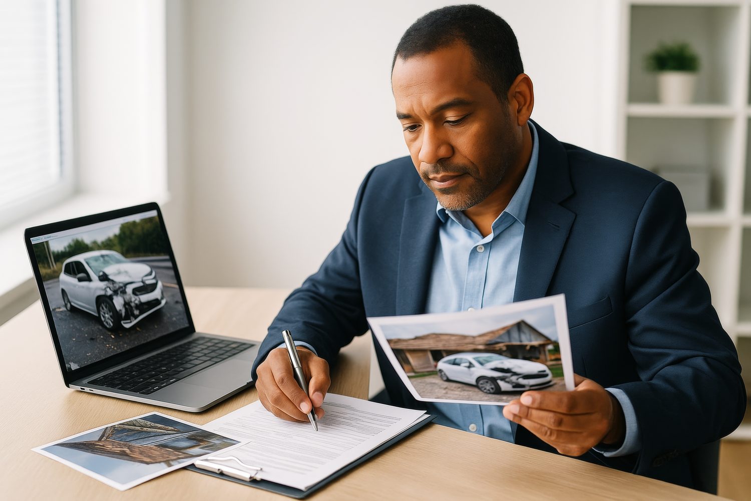 Underwriter reviewing claim photos and documents at a desk, representing submission processing.
